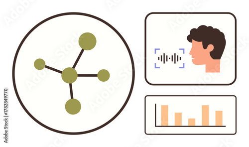Molecule model connecting nodes, profile recognizing sound, and bars showing statistics. Ideal for artificial intelligence, machine learning, biometrics, analytics, networks, speech processing