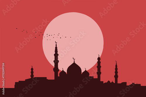 mosque skyline with crescent domes and birds at sunrise