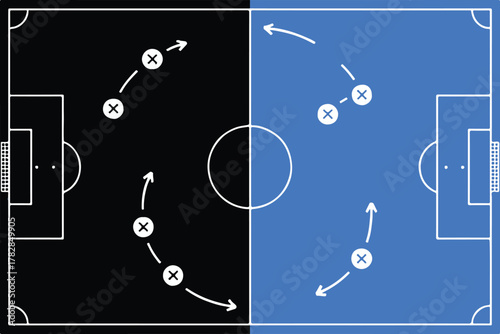 soccer strategy illustration pitch layout player roles movement arrows