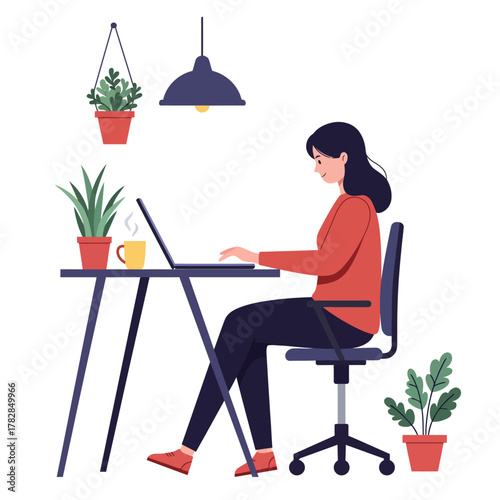 Efficient young woman working productively at her ergonomic desk, focusing on a laptop next to houseplants and coffee, rendered in a clean 2D flat vector illustration.