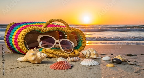 A beach bag with sunglasses and shells at sunset by the ocean