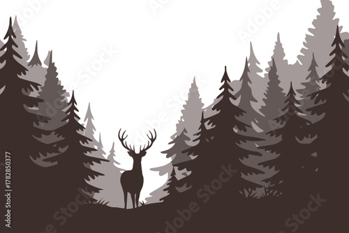 deer standing among pine trees layered forest vector silhouette design