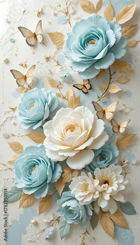 Elegant 3D floral composition with blue and white roses golden leaves and butterflies.