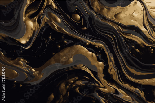 Black and gold marble abstract background. Decorative acrylic paint pouring rock marble texture. Horizontal Black and gold wavy abstract 
