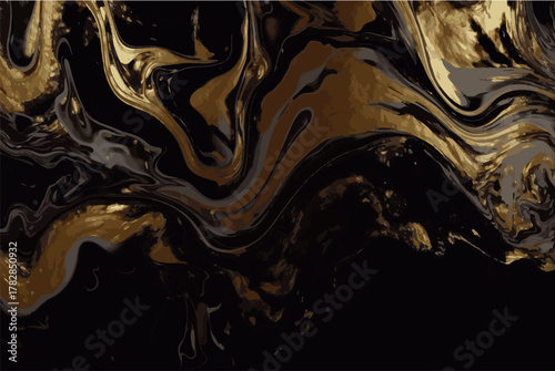Black and gold marble abstract background. Decorative acrylic paint pouring rock marble texture. Horizontal Black and gold wavy abstract pattern. eps 10