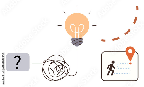 Tangled line linking a question mark and a lightbulb, leading to a person near a marked destination. Ideal for innovation, solutions, decision-making, creativity, strategy, goals, finding paths
