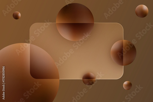 Elegant brown background with a transparent frame and volumetric spheres in glass morphism style. Glass morphism. Eps 10