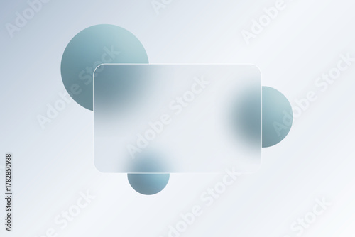 Minimalistic light background with a transparent frame and 3D spheres. Glass morphism. Eps 10