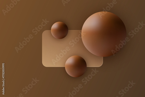 Minimalistic brown background with a transparent frame and volumetric 3D spheres. Glass morphism. Eps 10