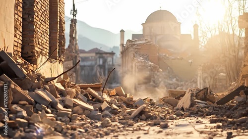 In a destroyed area after an earthquake, rubble and debris cover the ground, indicating the extent of damage. A collapsed building structure emphasizes the destruction faced by the