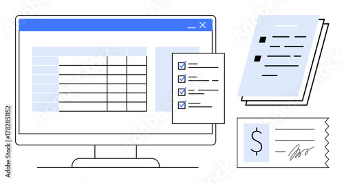 Computer displaying data table with checklist overlay, alongside documents and signed receipt. Ideal for organization, finance management, productivity, office workflows, record-keeping, invoicing