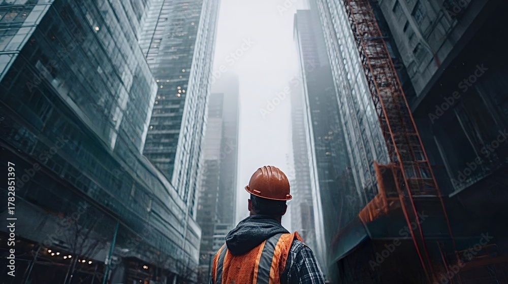 Fototapeta premium Construction worker in hard hat and safety vest stands in downtown, looking up at skyscrapers and a tower crane symbolizing urban development, infrastructure and ambition