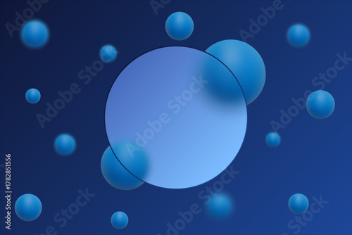 Abstract composition Blue 3D spheres on a dark blue background with a transparent circle. Eps 10