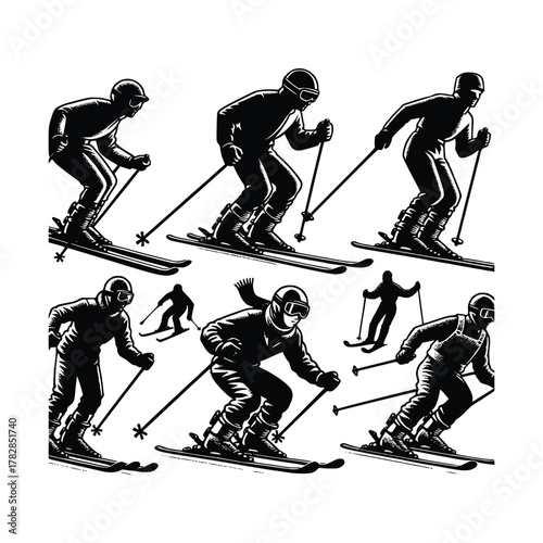 Set of Vintage Skier Silhouettes Winter Sport Action Vector Illustrations