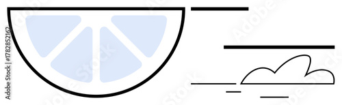 Half citrus slice with bold lines suggesting wind and a simple linear cloud design. Ideal for summer, freshness, weather, nature, energy, minimalism, health themes, simple flat metaphor