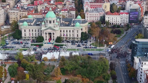 Aerial manifestation, People on Streets in Belgrade for Protest in Belgrade, Serbia. people in street by parliament in anti-government protests in capital Belgrade. Center of the city, Crowd of people