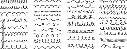  Hand drawn wavy Seamless lines, curly and looped doodle strokes created as pattern brushes for Illustrator. Perfect for modern design projects, invitations, greeting cards, scrapbooking
