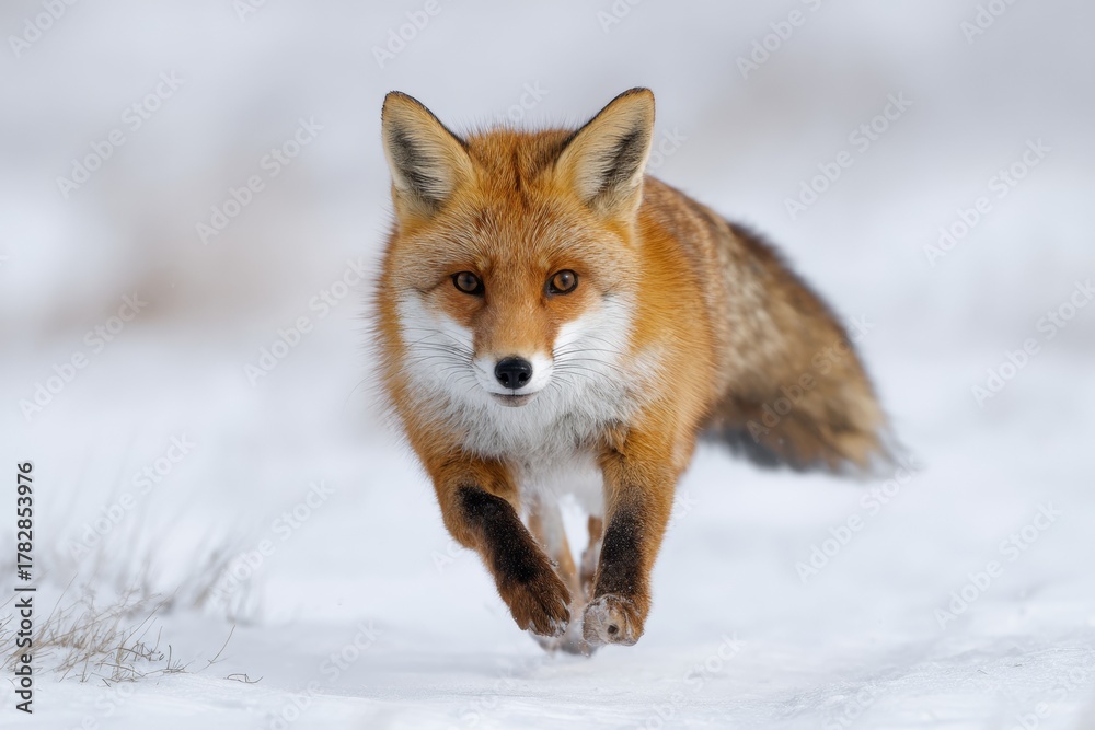 Obraz premium Red Fox Running Gracefully Through Fresh White Snow in a Winter Landscape