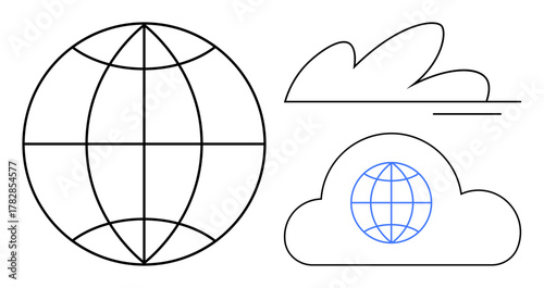 Geometric globe with latitude and longitude lines beside abstract cloud shapes. Ideal for themes of networking, technology, internet, cloud services, globalization, data sharing, simple flat metaphor