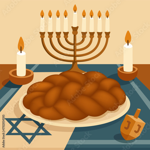 Hanukkah table with braided challah bread surrounded by traditional Hanukkah elements, menorah, candles, wooden dreidel on blue tablecloth. Vector poster