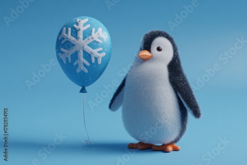 Cute Penguin Stands Next to a Blue Balloon With a Snowflake Design on a Solid Blue Background