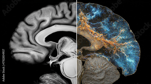 A split-screen comparison of a healthy brain and one affected by Alzheimer's disease, showing hippocampal atrophy.