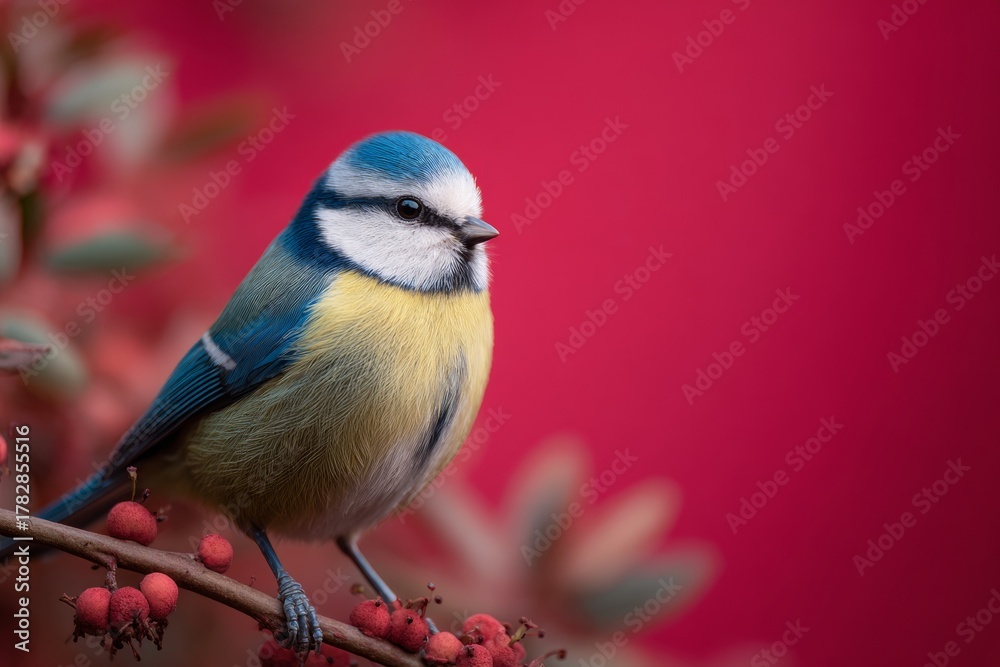 Fototapeta premium Bright Blue and Yellow Bird Perched on Branch With Red Berries in Soft Background