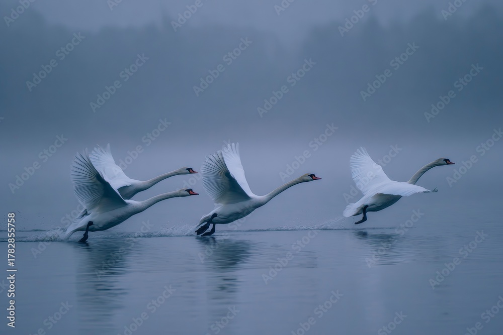 Obraz premium Swans Take Flight in a Misty Morning Over a Calm Lake in Early Spring