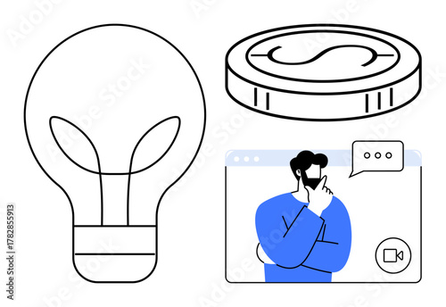 Man pondering on screen with thought bubble, eco-friendly light bulb, and coin icon. Ideal for ideation, innovation, eco-consciousness, sustainability, online collaboration, decision-making