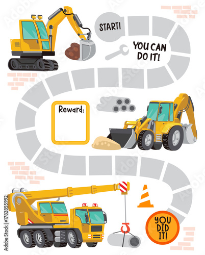 Construction Reward Chart for Kids • Cute Construction Vehicles Path Game • Printable Vector Activity