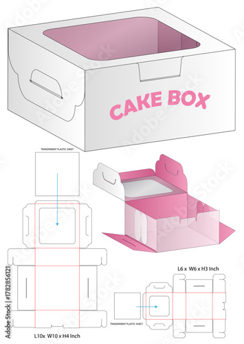 Cake Box Dieline Vector with Handle and Transparent Window Multi Size Foldable Layout