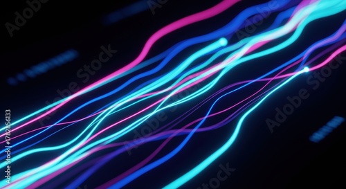 Mehrfarbige Neonlinien als Datenstrom auf Schwarz
