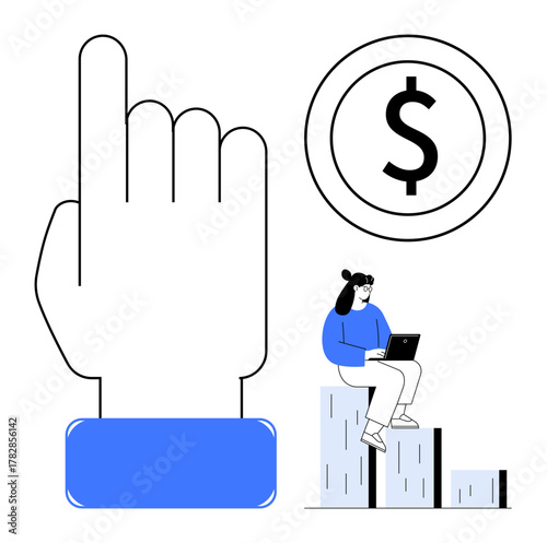 Hand pointing up symbolizes progress, woman works on a laptop atop a bar chart, dollar icon represents financial growth. Ideal for investment, strategy, business, finance, analytics, education