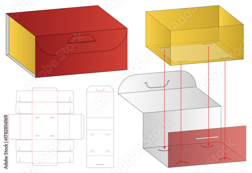 Foldable Packaging Box Dieline Vector with Handle and Exploded Structural View