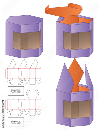 Hexagonal Packaging Box Dieline Vector with Transparent Windows and Assembly Guide