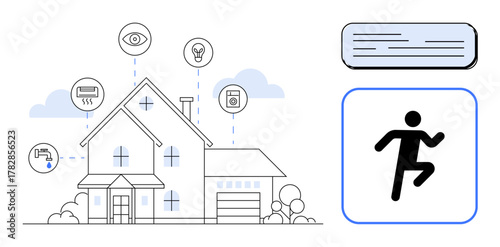 House connected to automated devices energy management, smart security, monitoring. Ideal for technology, home automation, energy saving, safety, innovation IoT smart living themes. Simple flat