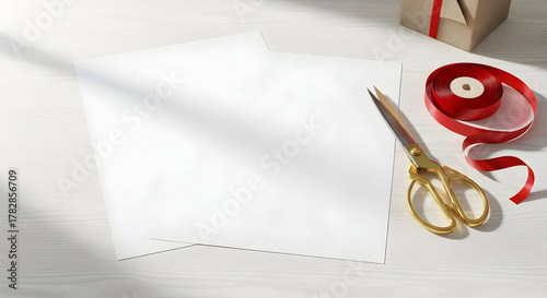 Realistic mockup with blank white sheets, golden scissors, and red ribbon on wooden desk