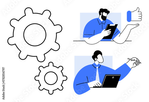Gears represent teamwork and efficiency. Professionals discuss ideas on digital tablets and laptops. Ideal for team collaboration, productivity, planning, problem-solving, communication, workflow