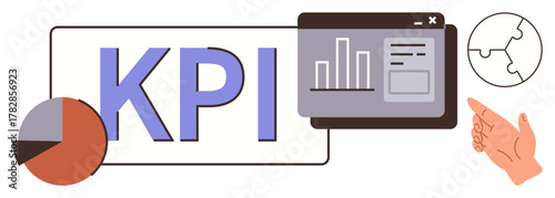 KPI text with pie chart, analytics dashboard, hand gesture, and globe outline. Ideal for business, marketing, data analysis, performance metrics strategy teamwork. A simple flat metaphor