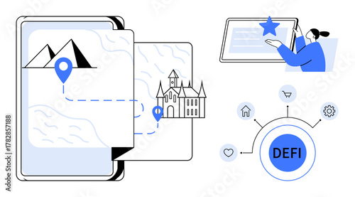 Map with route to castle, user on tablet giving rating, decentralized finance diagram. Ideal for fintech, technology, navigation, travel, innovation blockchain exploration. Simple flat metaphor
