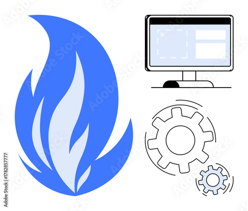 Blue flame symbolizes energy gears emphasize technology and productivity computer screen highlights digital innovation. Ideal for technology, development, innovation, energy, software, process, or