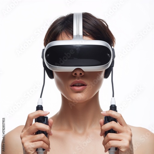 Woman using virtual reality headset isolated on white background