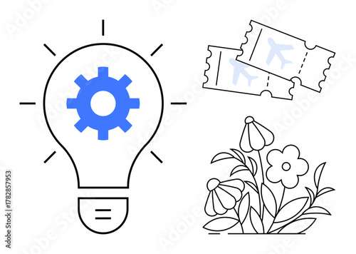 Light bulb with gear represents innovative thinking, two airplane tickets signify travel planning, and floral elements illustrate nature themes. Ideal for creativity, innovation, travel, planning