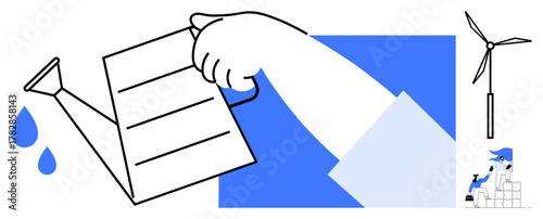 Hand pouring water from a watering can onto a document, generating growth, with wind turbine and figure stacking blocks nearby. Ideal for growth, sustainability, innovation, investment, renewal