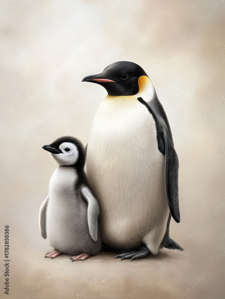 Naklejka premium A male penguin and his child, greeting card style