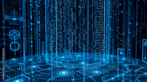 Fototapeta Naklejka Na Ścianę i Meble -  digital landscape with virtual hologram holographic cylindrical geometric line and node structure in luminous neon blue data stream