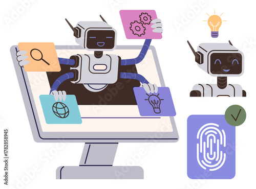 Robot emerging from screen multitasking with search, innovation, network, and authentication tools. Ideal for automation, AI, technology, efficiency biometrics innovation network tasks. Simple