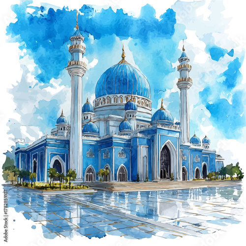 National Mosque Of Malaysia, watercolor painting vector, isolated on a white background.