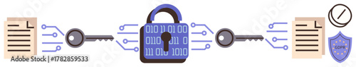 Locked data symbolized by padlock, keys, and files. Circuits convey technology concept. Ideal for cybersecurity, data privacy, encryption, data security, digital transformation confidentiality