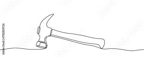 Hammer in one line art style. Drawing of a claw hammer, with editable black stroke on a white background. Vector illustration.